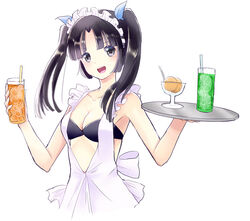  :d alternate_hairstyle apron bare_arms bikini bikini_top_only black_eyes black_hair blue_ribbon blush breasts cleavage collarbone commentary_request cup drink drinking_glass drinking_straw female food frilled_apron frills hair_ribbon holding holding_cup holding_tray ice ice_cream ice_cream_cup ice_cube juice kyou_(karankoron) kyoukai_no_rinne long_hair looking_at_viewer maid_headdress medium_breasts melon_soda open_mouth orange_juice parted_bangs photoshop_(medium) ribbon shima_renge simple_background smile solo spoon swimsuit tray twintails upper_body waitress white_apron 