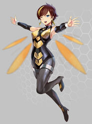  ;d armpits avengers_(series) bare_shoulders blue_eyes bodysuit brown_hair commentary_request detached_sleeves disk_wars:_avengers earrings female high_heels highres insect_wings jewelry marvel one_eye_closed open_mouth poo_(saku) short_hair smile solo wasp_(marvel) wings 