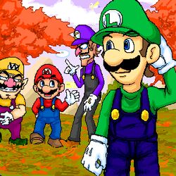  4boys autumn blue_eyes boots brothers brown_hair cap cape cloud eyes facial_hair flying gloves hand_on_head hat koopa leaf leaves lowres luigi male male_focus mario mario_(series) moustache multiple_boys nintendo outdoors outside siblings smile super_koopa super_mario_bros. suspenders waluigi wario 