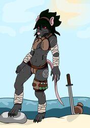  anthro arris_giftklinge bandage branded clothing cloud digital_media_(artwork) fan_character fantasy female fur grain grey_body grey_fur hi_res leather mammal melee_weapon poison_(final_fight) red_eyes rock rodent sand skaven solo standing sun sword traitor warhammer_(franchise) water weapon wildwolfproduction 