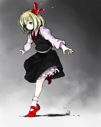  ascot blonde_hair commentary_request female hair_ribbon long_sleeves mary_janes outstretched_arms red_eyes ribbon rumia shirt shoes short_hair skirt socks solo touhou tsukino white_socks 