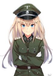  artist_name belt blonde_hair blue_eyes blush brown_belt commentary_request cross crossed_arms emblem epaulettes eyebrows female german_text germany gloves hair_between_eyes hair_ornament hairclip hat highres iron_cross karo-chan long_hair long_sleeves looking_at_viewer medal military military_hat military_uniform nazi original peaked_cap reichsadler signature sigrunen simple_background smile solo straight_hair totenkopf uniform waffen-ss white_background white_gloves world_war_ii 