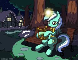  amber_eyes bench cutie_mark equine female feral friendship_is_magic fur green_fur hair horn horse latecustomer lyra_(mlp) lyra_heartstrings_(mlp) mammal musical_instrument my_little_pony night outside pony scarf solo tree two_tone_hair unicorn 