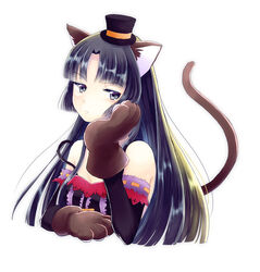  animal_ears animal_hands bare_shoulders black_eyes black_hair breasts cat_ears cat_tail closed_mouth commentary_request eyebrows eyelashes female frills frown gloves hand_on_own_cheek hand_on_own_face hat head_rest kyou_(karankoron) kyoukai_no_rinne lace_trim long_hair looking_at_viewer mini_hat parted_bangs paw_gloves photoshop_(medium) ribbon_trim shima_renge simple_background small_breasts solo strap_slip tail upper_body white_background 