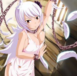  angel_wings bad_deviantart_id bad_id barred_window breasts brown_eyes chains cleavage collar collarbone cuffs dark-skinned_female dark_skin fairy_tail feathers female flower hair_flower hair_ornament handcuffs in_cell large_breasts looking_at_viewer open_mouth prison prison_cell prisoner shackles short_hair solo torn_clothes vitor_domingos_cardoso_ferreira white_hair wings yukino_aguria 