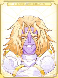  +_+ 1boy bad_id bad_pixiv_id blonde_hair character_name clenched_hands colored_skin dio_brando facial_mark grin heaven_ascended_dio highres jojo_no_kimyou_na_bouken jojo_no_kimyou_na_bouken:_eyes_of_heaven male_focus orange_eyes purple_skin smile solo sparkle stand_(jojo) tarot tarot_(medium) the_world_over_heaven ultineet watermark web_address 