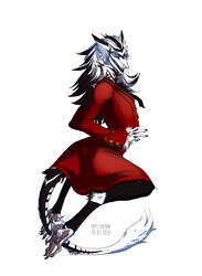  anthro claws clothing dress female fur hi_res maya_(kukulkan) pawpads paws raesheris sergal simple_background smile solo striped_body striped_fur stripes tail toe_claws white_background 