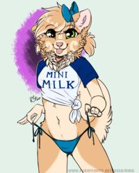  2017 4:5 anthro bikini bow_(feature) bow_accessory bow_ribbon breasts canid canine canis clothing crop_top digital_media_(artwork) domestic_dog ear_bow english_text female fluffy fluffy_tail green_eyes holding_strap mammal meme mini_milk navel pomeranian rika_(artist) rika_(rika) shirt side-tie_bikini side-tie_clothing side-tie_swimwear small_breasts smile solo spitz string_bikini string_bow swimwear tail text text_on_clothing text_on_shirt text_on_topwear tongue tongue_out topwear 