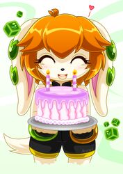  2017 ^_^ anthro arung98 basset_hound birthday_cake black_nose blush cake candle canid canine canis closed_eyes clothed clothing cube_(object) dessert domestic_dog female food freedom_planet galaxytrail hair happy heart_symbol hi_res holding_cake holding_food holding_object hunting_dog mammal milla_basset open_mouth open_smile orange_hair scent_hound smile solo standing 