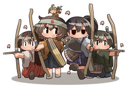  5girls akagi_(kancolle) archery bad_id bad_pixiv_id black_eyes black_hair black_thighhighs bow_(weapon) brown_eyes brown_hair chibi fairy_(kancolle) flight_deck gloves hachimaki headband hiryuu_(kancolle) japanese_clothes kaga_(kancolle) kakuzatou_(koruneriusu) kantai_collection kyuudou long_hair multiple_girls muneate partially_fingerless_gloves petals remodel_(kantai_collection) short_hair side_ponytail single_glove skirt smile souryuu_(kancolle) thighhighs tomonaga_squadron_pilot_(kancolle) weapon yugake 