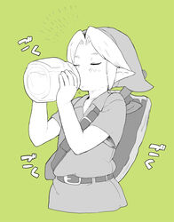  1boy blush bottle commentary_request cropped_torso drinking green_background green_theme hat link male_focus milk monochrome nabana_(bnnbnn) pointy_ears solo the_legend_of_zelda the_legend_of_zelda:_ocarina_of_time 