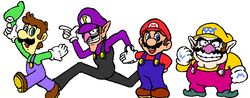  4boys blue_eyes boots brothers brown_hair cap clenched_hand gloves grin hat luigi male male_focus mario mario_(series) multiple_boys nakagawa_rui nintendo siblings smile super_mario_bros. suspenders teeth waluigi wario 