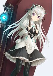  blush butterfly_hair_ornament chaika_trabant coffin commentary_request dress female frills grey_hair hair_ornament hairband hitsugi_no_chaika kuro_(chrono) lolita_hairband long_hair puffy_sleeves purple_eyes solo thick_eyebrows thighhighs 