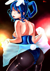  absurdres animal_ears ass back bad_id bad_pixiv_id bare_shoulders black_pantyhose blue_eyes blue_hair breasts female fishnet_pantyhose fishnets gagrim hair_rings highres kaku_seiga medium_breasts one_eye_closed pantyhose playboy_bunny rabbit_ears rabbit_tail shawl short_hair solo tail thighband_pantyhose tongue touhou 