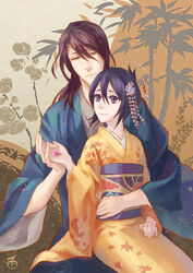  1boy bleach blue_hair brown_eyes brown_hair commentary english_commentary female flower folie_(cac82622) hair_ornament highres holding holding_flower husband_and_wife japanese_clothes kimono kuchiki_byakuya kuchiki_hisana long_hair plant purple_eyes short_hair signature sitting sitting_on_lap sitting_on_person 