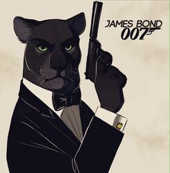  007 2016 alternate_species anthro bad_trigger_discipline black_body black_fur black_tie_(suit) bow_(feature) bow_tie bust_portrait clothing cuff_links felid fur furrification green_eyes gun handgun holding_gun holding_object holding_ranged_weapon holding_weapon inner_ear_fluff james_bond looking_at_viewer male mammal melanistic pantherine pistol portrait ranged_weapon ritwell silencer simple_background solo suit text tuft weapon whiskers 