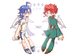  2boys ahoge angel_wings bike_jersey bike_shorts blue_eyes blue_hair bottle chibi commentary_request cycling_uniform earrings full_body gakuran highres hole_on_body jewelry jojo_no_kimyou_na_bouken kakyoin_noriaki male_focus manami_sangaku multiple_boys no_mouth purple_eyes red_hair school_uniform water_bottle wei_a_fu wings yowamushi_pedal 