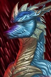  2:3 abstract_art abstract_background blue_body blue_scales dragon horn mythological_creature mythological_scalie mythology red_background red_light scales scalie signature simple_background slash_freezen solo surrealism 