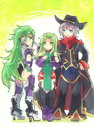  2girls :d aschen_brodel bad_id bad_pixiv_id banned_artist blue_eyes coat full_body green_eyes green_hair grey_hair hand_on_hip harken_browning hat high_heels lamia_loveless leotard long_hair multiple_girls nunuko_(mu661129) open_mouth pelvic_curtain sandwiched smile super_robot_wars super_robot_wars_advance super_robot_wars_og_moon_dwellers super_robot_wars_og_saga_mugen_no_frontier v-shaped_eyebrows very_long_hair 