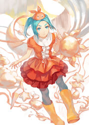  aqua_eyes aqua_hair boots commentary crescent dress eighth_note english_commentary female folie_(cac82622) hat monogatari_(series) musical_note ononoki_yotsugi pantyhose photoshop_(medium) red_dress rubber_boots solo star_(symbol) sun_symbol yellow_footwear 