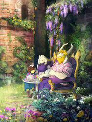  asgore_dreemurr beard boss_monster caprine chair crown facial_hair flower fur garden goat horn human jazzycat long_ears mammal plant protagonist_(undertale) table teacup toriel undertale video_games white_fur 