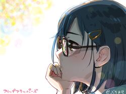  backlighting black-framed_eyewear blue_hair close-up commentary_request copyright_name expressionless female flip_flappers glasses hair_ornament hairclip hand_on_own_chin head_rest kokomine_cocona portrait profile rectangular_eyewear samba-temperado short_hair solo 