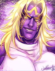  1boy blonde_hair colored_skin dated dio_brando facial_mark grin heaven_ascended_dio jojo_no_kimyou_na_bouken jojo_no_kimyou_na_bouken:_eyes_of_heaven male_focus molly_nemecek portrait purple_skin signature smile solo yellow_eyes 