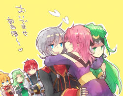  4girls aschen_brodel axel_almer bad_id bad_pixiv_id banned_artist blonde_hair blue_eyes crossed_arms excellen_browning expressionless fingerless_gloves from_behind gloves green_eyes green_hair grey_hair harken_browning heart hug lamia_loveless lemon_browning long_hair multiple_boys multiple_girls nunuko_(mu661129) pink_hair purple_eyes red_hair smile super_robot_wars super_robot_wars_advance super_robot_wars_og_saga_mugen_no_frontier translation_request very_long_hair yellow_background 