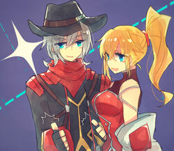  :3 :d bad_id bad_pixiv_id banned_artist blonde_hair blue_eyes blush excellen_browning female fingerless_gloves gloves grey_hair harken_browning hat long_hair nunuko_(mu661129) open_mouth ponytail purple_background smile super_robot_wars super_robot_wars_og_moon_dwellers super_robot_wars_og_saga_mugen_no_frontier super_robot_wars_original_generation thumbs_up upper_body 