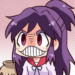  ai_mai_mii commentary_request female kazutora lowres ponoka-sempai purple_hair school_uniform serafuku teeth upper_body vase 