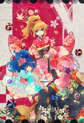  alfimi alternate_costume bad_id bad_pixiv_id banned_artist blonde_hair blue_eyes blue_hair excellen_browning fan flower from_behind hair_flower hair_ornament japanese_clothes kimono lemon_browning multiple_girls nunuko_(mu661129) pink_hair purple_eyes red_eyes smille super_robot_wars super_robot_wars_advance 