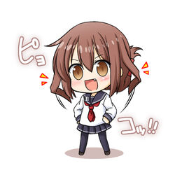  april_fools brown_eyes brown_hair commentary_request cosplay expressive_hair female folded_ponytail ikazuchi_(kancolle) inazuma_(kancolle) inazuma_(kancolle)_(cosplay) kadose_ara kantai_collection looking_at_viewer lowres neckerchief oerba_yun_fang open_mouth pantyhose red_neckerchief school_uniform serafuku skirt solo translated 