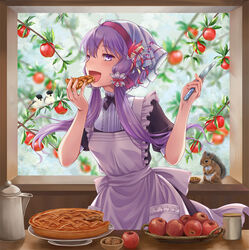  animal apple apple_pie apple_tree apron bird bow bowtie brown_fur cake coffee_pot commentary_request eating female food fruit hair_ornament head_scarf holding holding_knife indoors knife kogara_(frenzied_kotori) looking_at_viewer open_mouth photoshop_(medium) pie puffy_short_sleeves puffy_sleeves purple_eyes purple_hair short_hair_with_long_locks short_sleeves sidelocks solo squirrel table tree upper_body vocaloid voiceroid walnut window yuzuki_yukari 