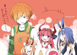  1boy 3girls aged_down animal_ears apron armband armor bikini bikini_armor blonde_hair blue_eyes blue_ribbon choker commentary_request curled_horns earrings egyptian egyptian_clothes elizabeth_bathory_(brave)_(fate) elizabeth_bathory_(fate) facial_mark fate/extra fate/grand_order fate_(series) flat_chest hair_ribbon hairband hand_on_own_face holding hoop_earrings horns ibaraki_douji_(fate) jackal_ears japanese_clothes jewelry kimono long_hair looking_at_another minafuni multiple_girls necklace nitocris_(fate) oni oni_horns orange_apron orange_hair pauldrons pink_hair pointy_ears purple_eyes purple_hair red_background red_bikini ribbon robin_hood_(fate) shield shoulder_armor sidelocks simple_background sleeveless staff sweatdrop swimsuit tattoo tiara translated triangle_mouth twitter_username upper_body very_long_hair white_background yellow_eyes 