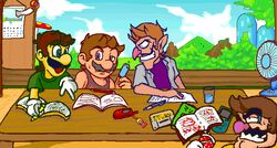  4boys alternate_costume blue_eyes brothers brown_hair calendar_(object) calender can cellphone cloud facial_hair fan game_boy_color glass gloves grin handheld_game_console hot luigi male male_focus mario mario_(series) mountain moustache multiple_boys mushroom nakagawa_rui nintendo paper pen pencil phone pointing princess_peach shirt siblings sky smile soda super_mario_bros. sweat table tank_top waluigi wario water writing 