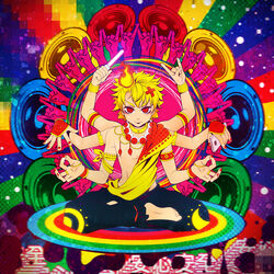  1boy @_@ \m/ amplifier armlet blonde_hair bracer catwhathk cellphone commentary_request dappou_rock_(vocaloid) datsu extra_arms eyeball fire glowstick hair_between_eyes hair_ornament highres indian_style jewelry male_focus nail_polish necklace phone photoshop_(medium) pixelated rainbow red_eyes red_nails ring ringed_eyes sash sitting smartphone solo topless_male x_hair_ornament 