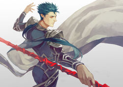  1boy adapted_costume armor blue_hair cape commentary cu_chulainn_(fate) cu_chulainn_(fate/stay_night) english_commentary fate/stay_night fate_(series) folie_(cac82622) gae_bolg_(fate) hair_tie holding holding_polearm holding_weapon male_focus orange_eyes outstretched_arms polearm ponytail shoulder_armor solo spear spiked_hair two-sided_cape two-sided_fabric weapon white_cape 