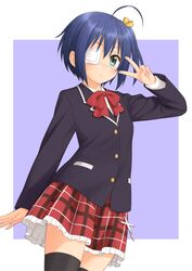  ahoge black_hair black_thighhighs blue_eyes blue_hair blush chuunibyou_demo_koi_ga_shitai! commentary cross eyepatch female icho_private_high_school_uniform kuro_(chrono) medical_eyepatch one_side_up plaid plaid_skirt school_uniform short_hair skirt solo takanashi_rikka thighhighs v v_over_eye 