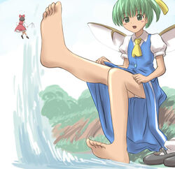  2girls bad_perspective barefoot daiyousei feet giant giantess green_hair hakurei_reimu manzi mary_janes multiple_girls open_mouth panties shoes smile socks soles toes touhou underwear unworn_shoes unworn_socks water white_legwear white_panties 