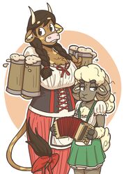  2017 2_fingers 4_fingers accessory accordion alcohol anthro arm_tuft barmaid beer beverage big_breasts biped blush blush_stickers bodice bottomwear bovid bovine bow_(feature) bow_accessory bow_ribbon braided_hair breast_size_difference breasts brown_body brown_eyes brown_fur brown_hooves brown_horn brown_tail caprine cattle chest_tuft clothed clothing container cup curved_horn curvy_figure digital_drawing_(artwork) digital_media_(artwork) dirndl domestic_sheep dress duo european_mythology female fingers fluffy fluffy_tail foam front_view frown fur furgonomics greek_mythology green_clothing hair half-closed_eyes head_tuft hi_res holding_container holding_cup holding_musical_instrument holding_object holidays hooved_fingers hooves horn inner_ear_fluff lacing lederhosen long_tail looking_away mammal markings mary_(slightlysimian) minotaur mismatched_ears molly_(slightlysimian) multicolored_body multicolored_fur musical_instrument mythology narrowed_eyes oktoberfest orange_background outline pink_nose ponytail portrait red_clothing ribbons sheep short_tail simple_background size_difference skirt slightlysimian small_breasts small_waist smile spots spotted_body spotted_fur spotted_markings spotted_tail standing tail tail_accessory tail_bow tail_markings tail_ribbon tail_tuft tan_body tan_fur tan_spots tan_tail three-quarter_portrait tuft twin_braids twintails two_tone_body two_tone_fur two_tone_tail unimpressed voluptuous white_background white_body white_fur white_horn white_tail wide_hips wool_(fur) 