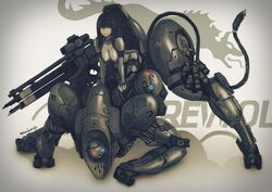  black_eyes black_hair blunt_bangs bodysuit breasts commentary crying_wolf english_commentary female gloves gun large_breasts latex leaning leaning_forward long_hair looking_at_viewer mecha metal_gear_(series) metal_gear_solid_4:_guns_of_the_patriots military military_vehicle non-humanoid_robot power_suit rifle robce_lee robot science_fiction skin_tight solo weapon 