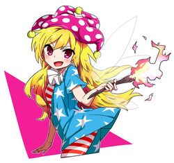  :d american_flag_dress american_flag_legwear blonde_hair blush clownpiece commentary_request cropped_legs dress fairy_wings female fire hat holding jester_cap jpeg_artifacts long_hair looking_at_viewer neck_ruff noel_(noel-gunso) open_mouth pantyhose pink_eyes polka_dot short_dress short_sleeves simple_background smile solo star_(symbol) star_print striped_clothes striped_pantyhose torch touhou white_background wings 