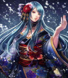  ayakashi_hyakkiyakou blue_eyes blue_hair choker commentary_request female flower hair_flower hair_ornament highres japanese_clothes kimono lips long_hair looking_at_viewer original parted_lips photoshop_(medium) sasaki_ryou snowing solo yuki_onna 