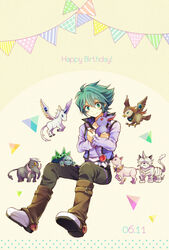  blue_eyes closed_eyes crystal_beast_amber_mammoth crystal_beast_amethyst_cat crystal_beast_cobalt_eagle crystal_beast_emerald_tortoise crystal_beast_ruby_carbuncle crystal_beast_sapphire_pegasus crystal_beast_topaz_tiger duel_monster flying gem green_eyes green_hair horn hug johan_andersen mikami_(mkm0v0) orange_eyes sitting striped tusks white_hair yuu-gi-ou 