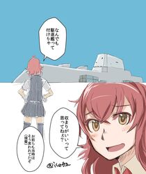  ahoge arashi_(kancolle) black_skirt black_thighhighs black_vest brown_eyes commentary_request destroyer eyebrows female gloves highres isetta kantai_collection looking_at_another military military_vehicle necktie open_mouth red_hair ship shirt short_hair short_sleeves skirt solo thighhighs twitter_username uss_zumwalt_(dd-1000) vest warship watercraft white_gloves white_shirt 