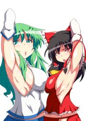  2girls aqua_eyes armpits arms_up asymmetrical_docking black_hair breast_press breasts commentary_request detached_sleeves green_eyes green_hair groin hakurei_reimu highres kochiya_sanae large_breasts long_hair multiple_girls muruchi- no_panties open_mouth profile red_eyes sideboob simple_background smell standing steam touhou white_background 