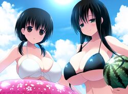  2girls bikini black_bikini black_hair blush breasts brown_eyes cloud collarbone commentary_request day food front-tie_top fruit green_eyes holding huge_breasts hyuuga_takashi innertube iwato_kasumi jindai_komaki long_hair looking_at_viewer low_twintails multiple_girls outdoors saki_(manga) short_hair sky smile string_bikini swim_ring swimsuit twintails watermelon white_bikini 