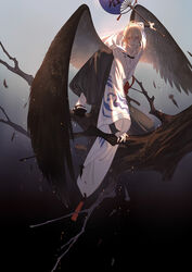  1boy bare_tree black_wings blonde_hair blue_eyes closed_mouth commentary contrast feathered_wings feathers geta gradient hair_between_eyes hand_fan highres holding holding_fan in_tree japanese_clothes kariginu kinsatsu_(grizzled) knee_up light_particles long_sleeves looking_at_viewer looking_down male_focus ofuda on_one_knee onmyoji ootengu_(onmyoji) paper_fan photoshop_(medium) sash solo tabi tengu tree uchiwa white_legwear wide_sleeves wings 