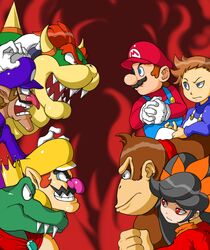  6+boys angry ashley ashley_(warioware) black_hair blue_eyes bowser brown_hair cap cape collar crocodile crocodilian crossover crown donkey_kong donkey_kong_(series) donkey_kong_country eye_contact facial_hair fangs fighting_stance fire gem gloves grin hat horns k_rool koopa looking_at_another mario moustache multiple_boys nakagawa_rui necktie nintendo parody pose red_background red_eyes red_hair rivalry sharp_teeth shell smile smirk spiked_collar spikes stanley super_mario_bros. suspenders vs waluigi wario warioware 