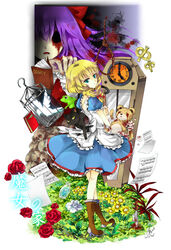  2girls animal apron birdcage blonde_hair blood book boots bottle bow braid cage chinese_commentary clock commentary_request diary ellen_(majo_no_ie) feline flower green_eyes hairbow highres knife long_hair majo_no_ie moonbreak multiple_girls no_eyes noose open_mouth petals puffy_sleeves purple_hair rose short_sleeves skull stuffed_animal stuffed_toy teddy_bear twin_braids viola_(majo_no_ie) weapon 